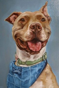 Pintura personalizada de um pitbull staffordshire sorrindo, ideal para presente de aniversário