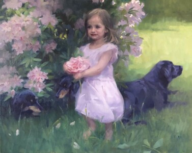 Pintura de criança com seus cachorros brincando em tela, retrato humano