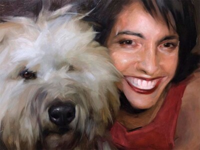 Retrato de mulher com seu cão pintado em quadro realista