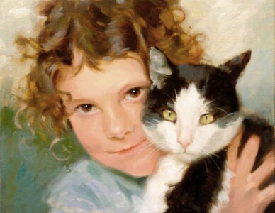 "Pintura de menino e gato em tela, retrato de pet sob encomenda.