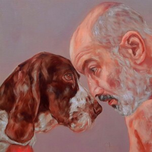 Arte pintada à mão de pai e filho, homem com seu cão