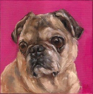 Retrato de cachorro pug pintado à mão, pintura de pet.