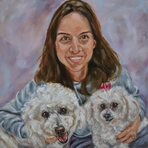 Retrato realista de rosto humano, mulher e seus cães