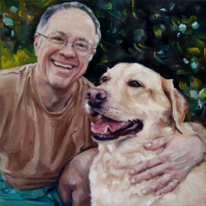 Pai e filho em pintura de retrato. Homem e seu cão